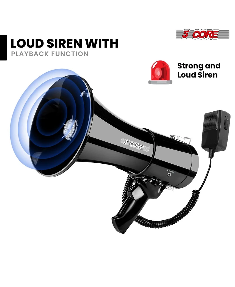 5 Core Megaphone 50W Bullhorn 1100 Yards Loud Siren Maker w Adjustable Volume for Soccer Coaches