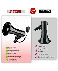 5 Core Megaphone 50W Bullhorn 1100 Yards Loud Siren Maker w Adjustable Volume for Soccer Coaches