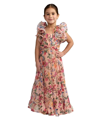 Mac Duggal Little Girls Chiffon Ruffle Shoulder Dress