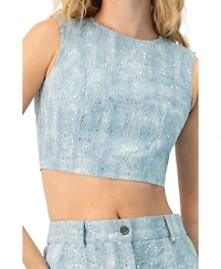 Ivonne Women's Sleeveless Embroidered Denim Crop Top