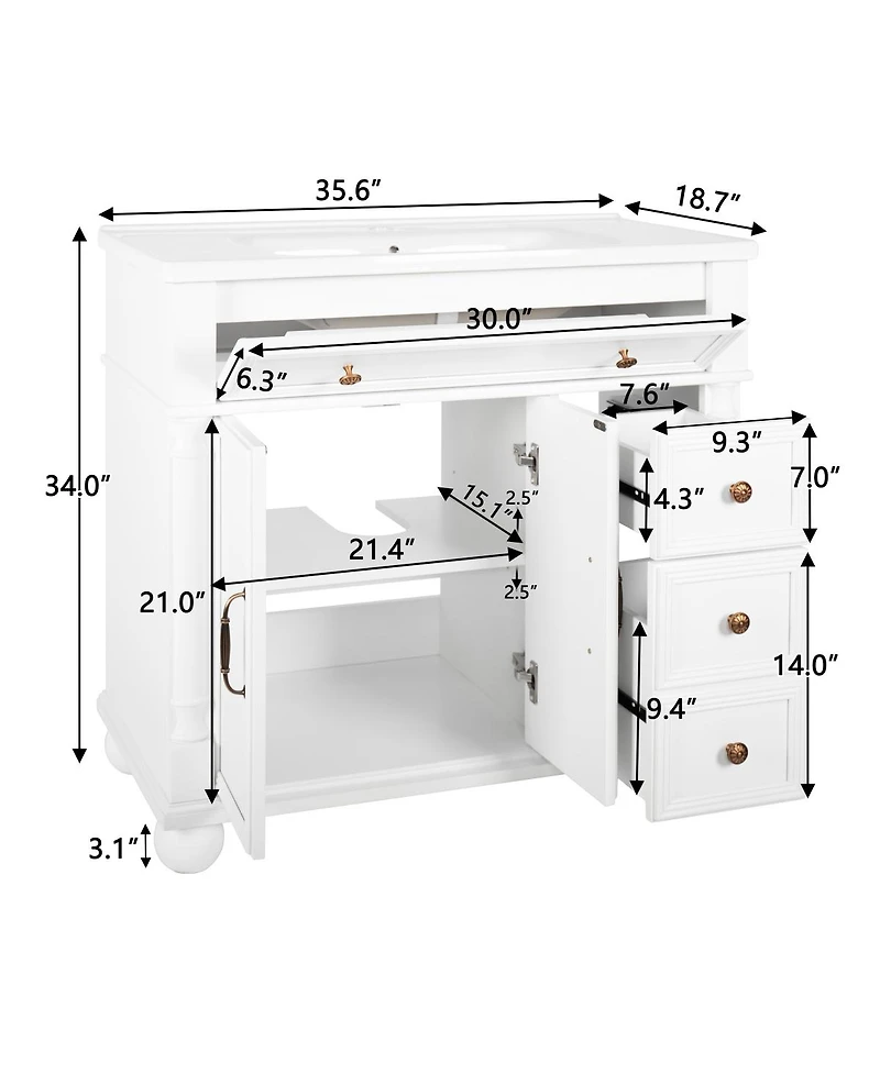 Sillysis 36" Bathroom Vanity with Sink, Medieval Modern Solid Wood Roman Base, Flip Drawer Adjustable Storage, Easy Clean-Sillysis