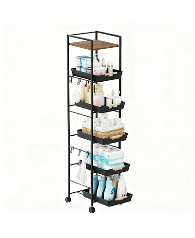 Yigii 6 Tier Storage Cart with Pull-out Drawers and Hooks for Kitchen, Bathroom, Laundry