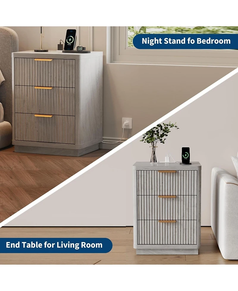 gaomon Fluted Farmhouse Night Stand, Fluted Nightstand with Charging Station, FlutedNightstand Bedroom with 3 Drawers