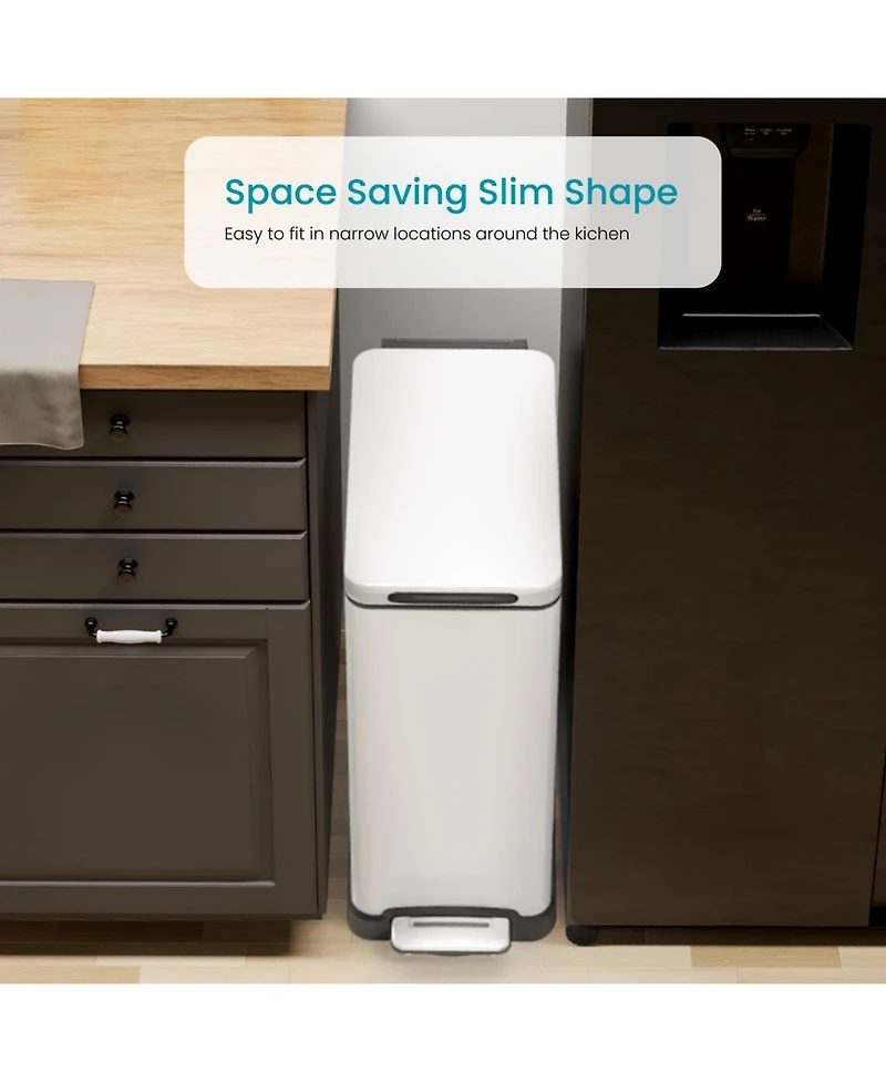 Home Zone Living 12 Gallon Slim Stainless Steel Kitchen Trash Can with Step Pedal and Soft Close Lid