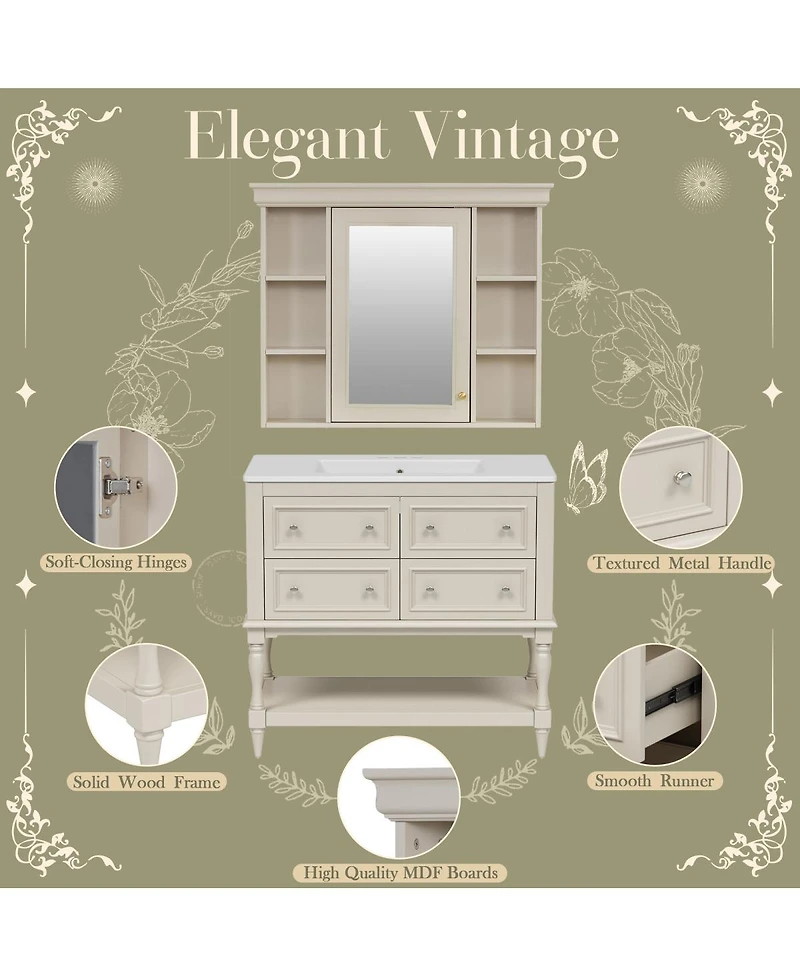 Sillysis 36'' Luxury Bathroom Vanity Set with Mirror Cabinet, Solid Wood & Mdf, Large Storage Shelf for Modern Bathrooms