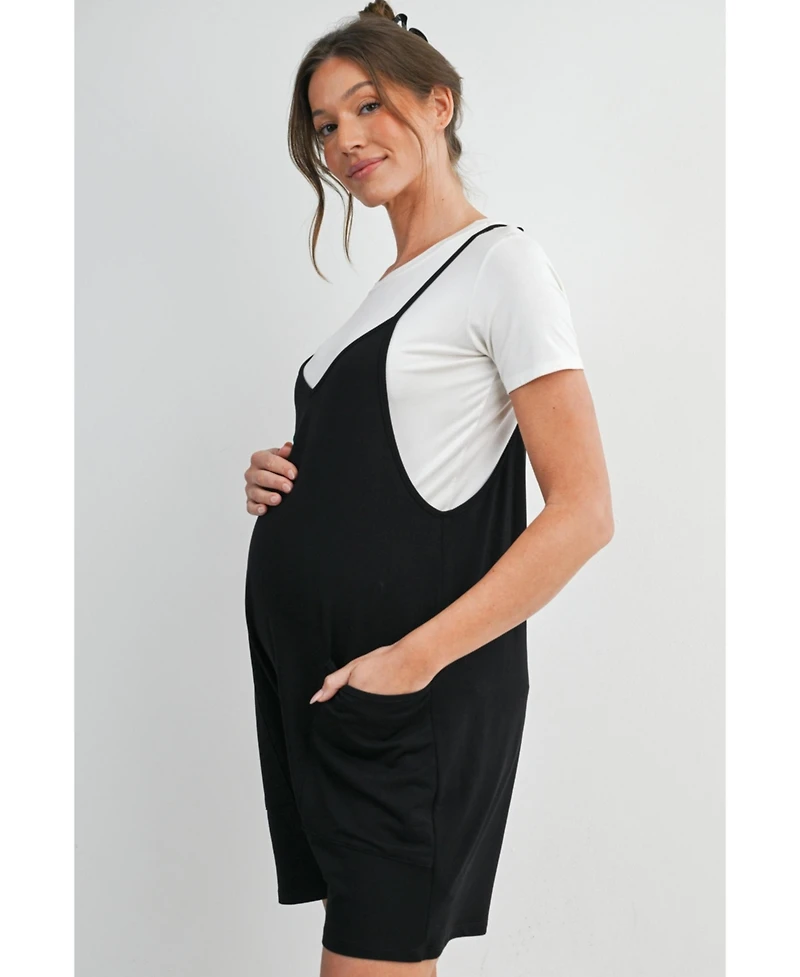 Hello Miz Maternity Sleeveless Loose Fit V-Neck Romper with Pockets and Adjustable Straps