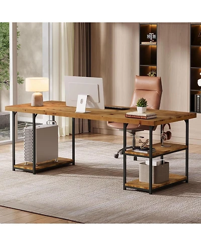 Tribesigns 71-Inch Extra Long Desk with Shelves, Industrial Solid Wood Home Office Desk, Large Office Computer Table Writing Gaming Workstation