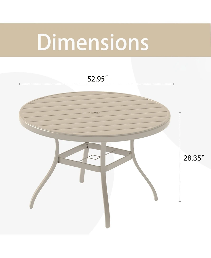 Mondawe 52.95" Round Outdoor Dining Table for 6–7 People, All-Weather Steel Patio Table with Umbrella Hole, Sandstone