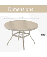 Mondawe 52.95" Round Outdoor Dining Table for 6–7 People, All-Weather Steel Patio Table with Umbrella Hole, Sandstone