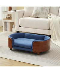 6thdruple Mid-Century Wood Pet Bed with Velvet Cushion