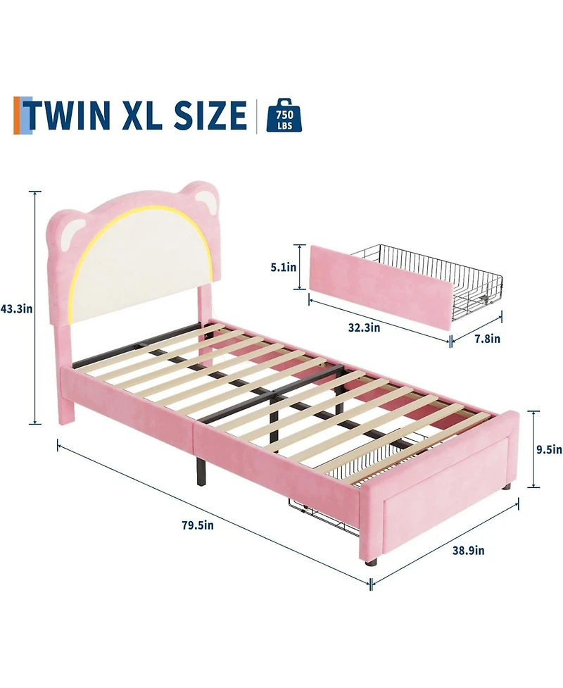 gaomon Kids Velvet Bed Frame with Led Lights, Adjustable Bear Headboard , Under-Bed Storage, Solid Wood Slats, Noise-Free