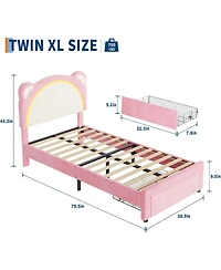 gaomon Kids Velvet Bed Frame with Led Lights, Adjustable Bear Headboard , Under-Bed Storage, Solid Wood Slats, Noise-Free