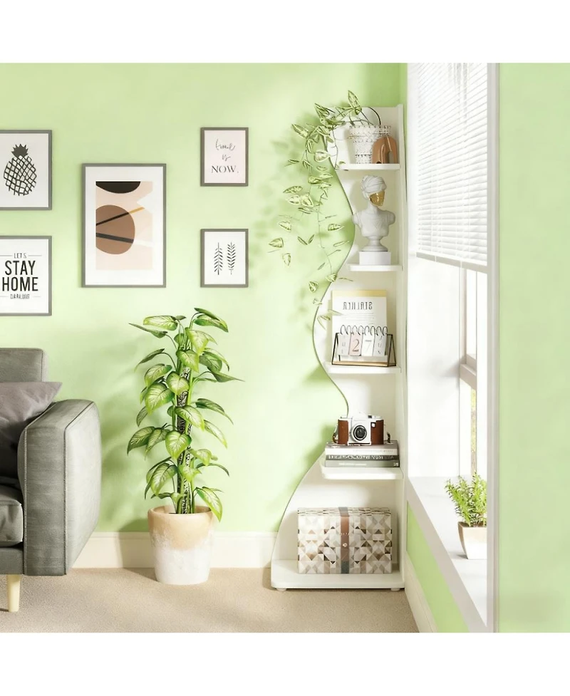 Rainsken 5-Tier Wall Corner Bookshelf, Modern Bookcase Storage Rack with Adjustable Shelves, Unique Shape for Living Room, Home Office