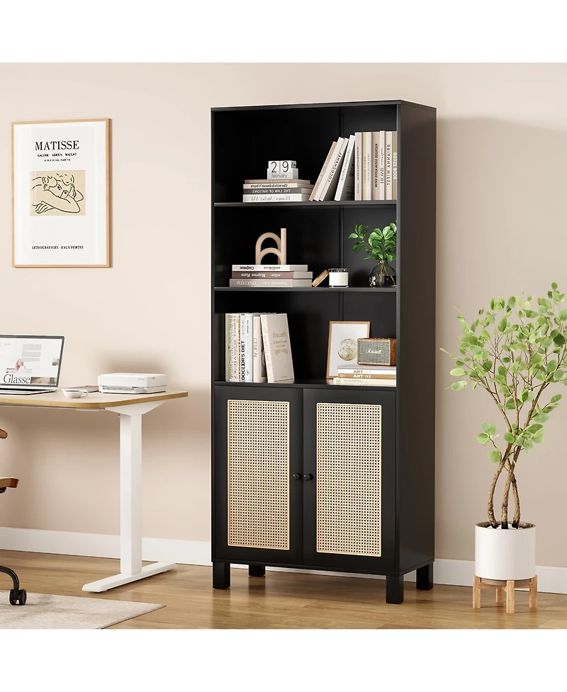 Rainsken 71" Tall Bookshelf, 5 Tier Wood Storage Bookcase with Rattan Doors, Ample Storage Space for Living Room, Home Office