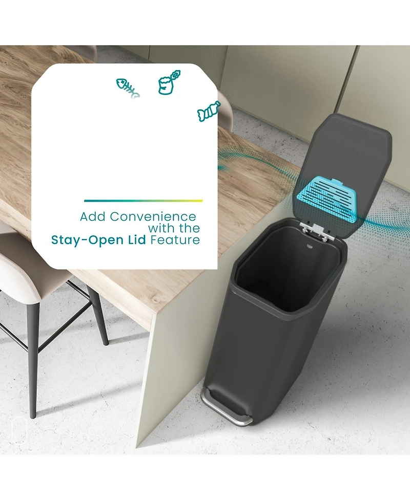 Home Zone Living 13 Gallon Slim Stainless Steel Kitchen Trash Can with CleanAura Odor Control and Soft Close Lid