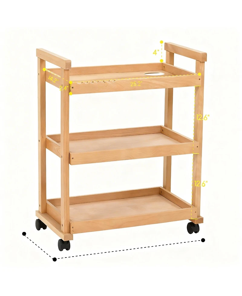 Yigii Solid Beechwood Art Cart with 3-Tier Shelves and Swivel Wheels