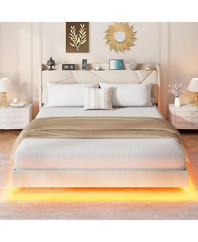 gaomon Floating Bed Frame with Led Lights Charging Station Storage Headboard Folding Shelves No Box Spring