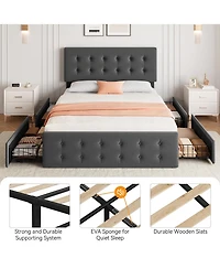 gaomon Bed Frame with Headboard & 4 Storage Drawers, Square Stitched Button Tufted Platform