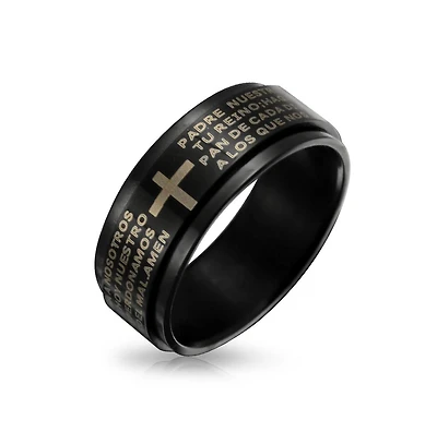 Bling Jewelry Black Spinner Religious Cross Words Lords Prayer Fidget Band Ring Stainless Steel