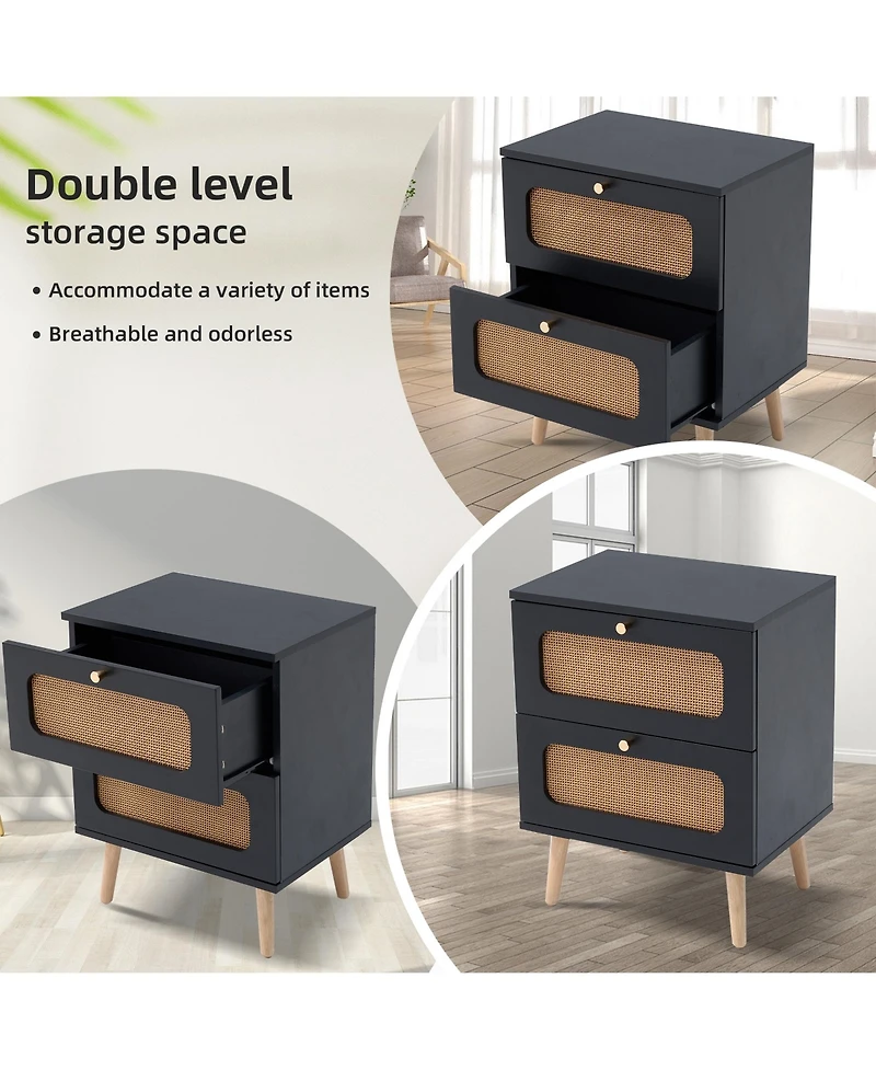 Rainsken 2-Drawers Rattan Nightstand, Handwoven Bedside Table End Table with Solid Wood Legs for Bedroom and Living Room