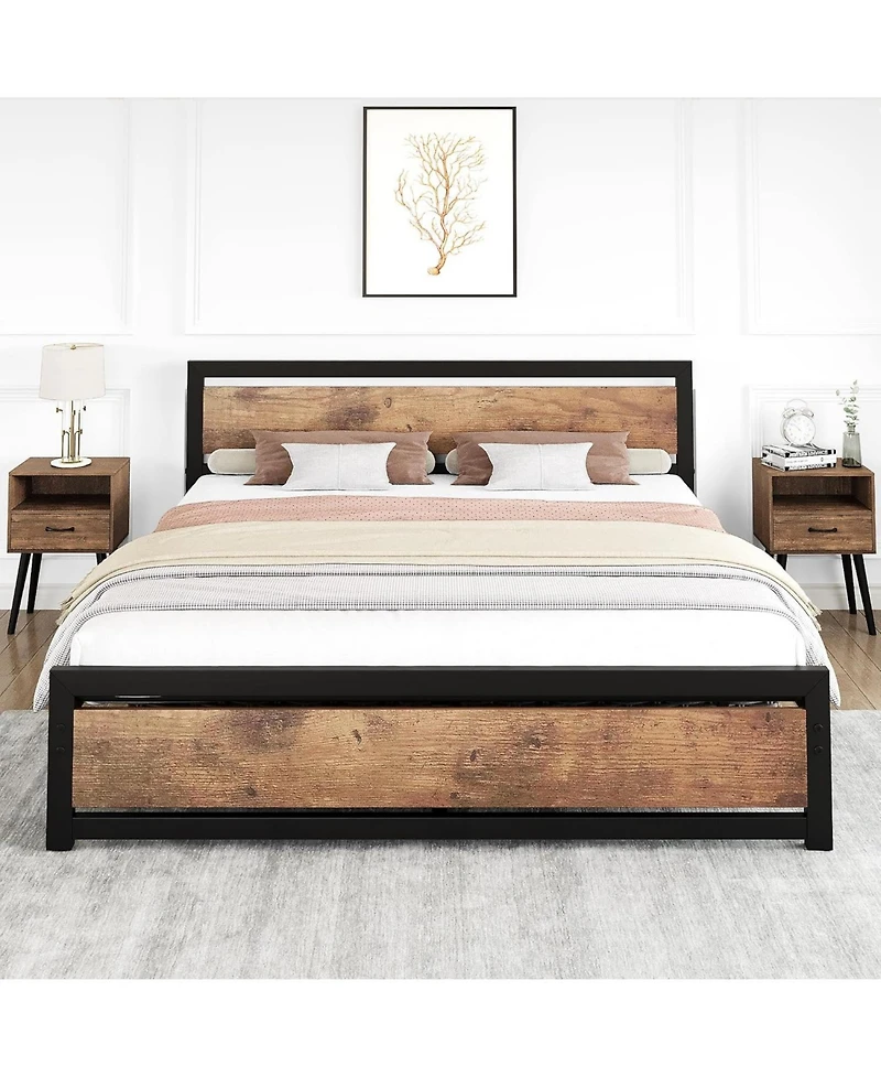 gaomon Bed Frame with Wood Headboard, Industrial Platform Bed with Heavy Duty Slat Support