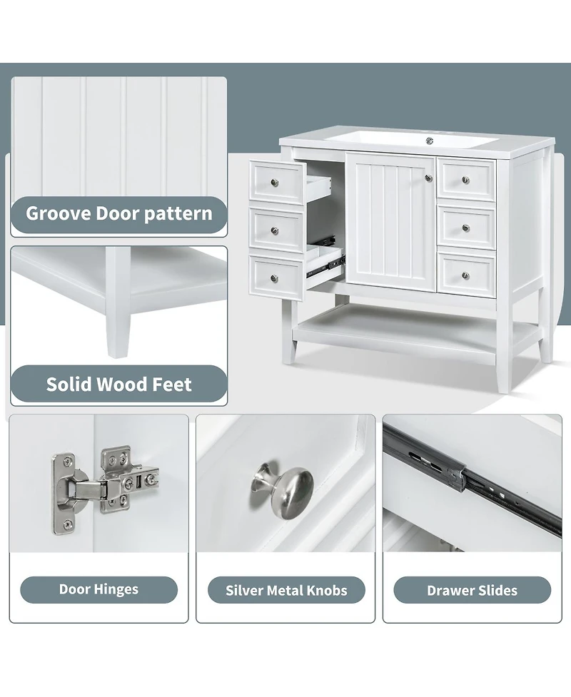 Sillysis 36 Bathroom Vanity with Ceramic Sink, Solid Wood Cabinet, 3 Drawers & Adjustable Shelf for Modern Bathrooms