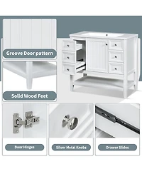 Sillysis 36 Bathroom Vanity with Ceramic Sink, Solid Wood Cabinet, 3 Drawers & Adjustable Shelf for Modern Bathrooms