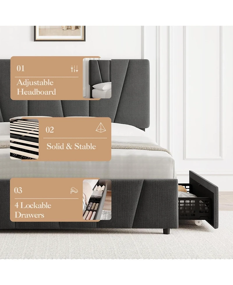 gaomon Linen Upholstered Bed Frame - Platform Bed Frame with 4 Storage Drawers & Adjustable Headboard, Wood Slat Support, No Box Sping Needed