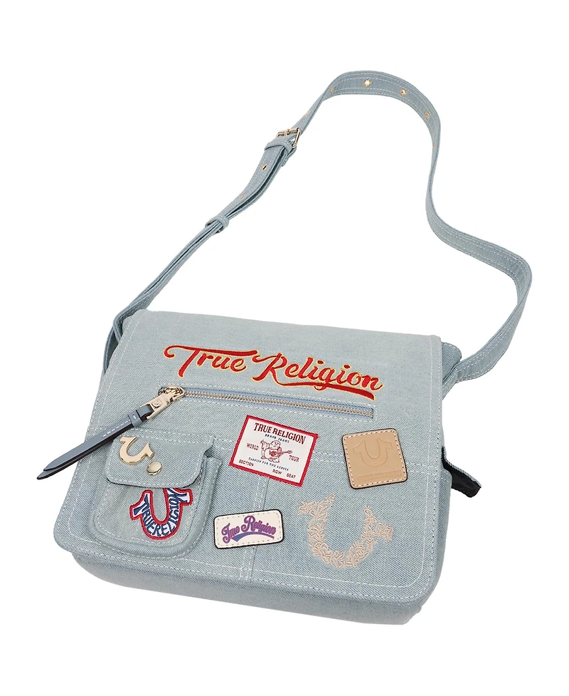 True Religion Multi Patch Denim Messenger Bag
