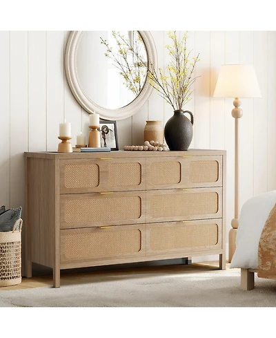 gaomon 6-Drawer Dresser, Rattan Storage Chest with Metal Handles & Wood Legs for Bedroom