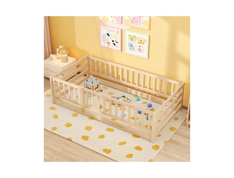 Slickblue Kids Twin Floor Bed with Safety Fence and Playhouse Door - 41