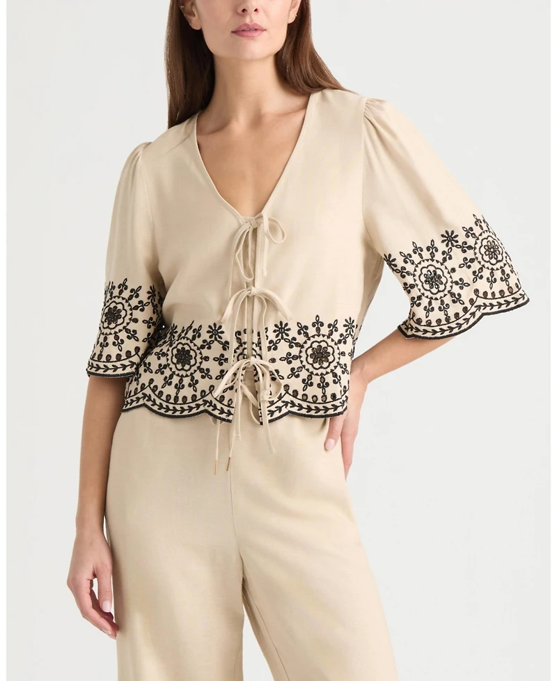 Ellen Tracy Women's 3 Front Tie Embroidered Top