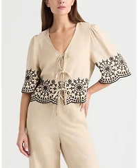 Ellen Tracy Women's 3 Front Tie Embroidered Top