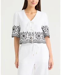 Ellen Tracy Women's 3 Front Tie Embroidered Top