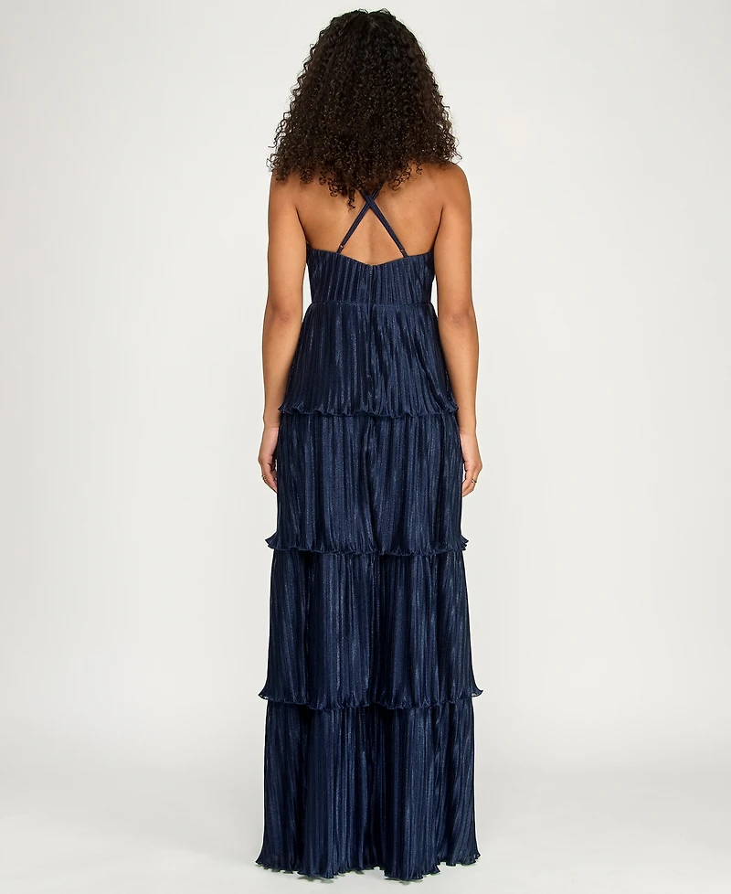 Emerald Sundae Juniors' V-Neck Ruffle-Tiered Sleeveless Gown