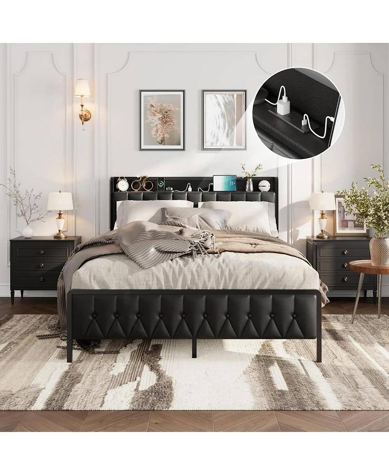 gaomon Platform Bed Frame with Charging Station, Upholstered Storage Button Headboard & Footboard, Pu Leather Button-Tufted Design