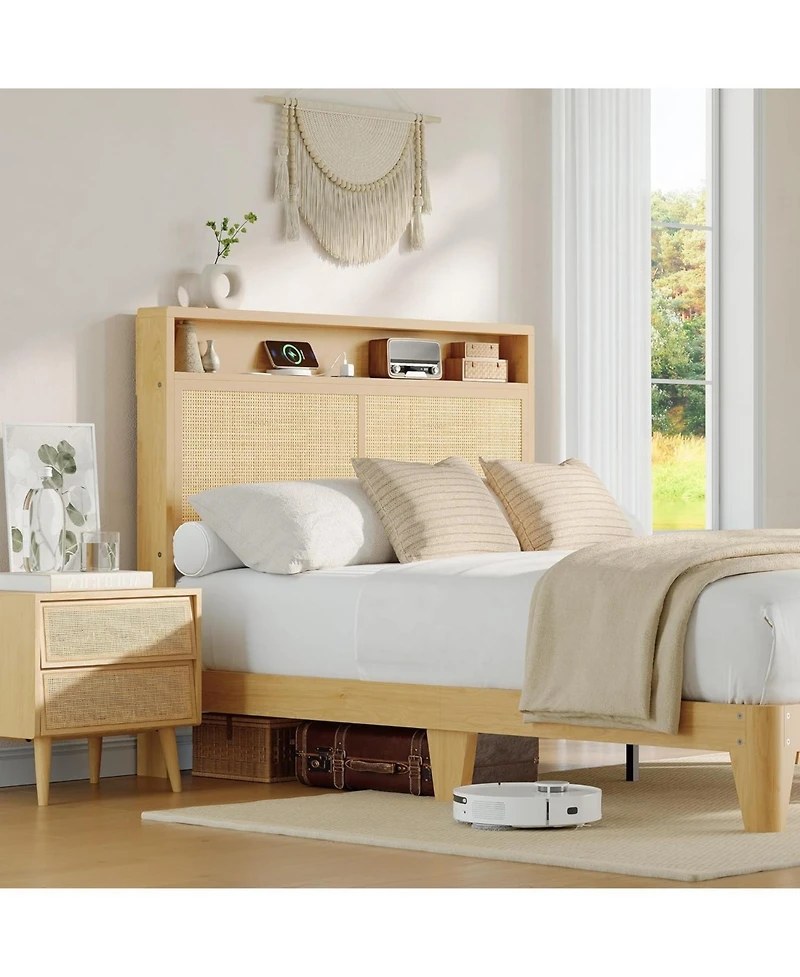 gaomon Rattan Bed Frame with Rgb Led Lights, Boho Style, Storage Headboard & Charging Station