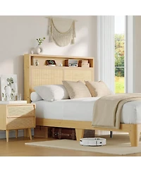 gaomon Rattan Bed Frame with Rgb Led Lights, Boho Style, Storage Headboard & Charging Station