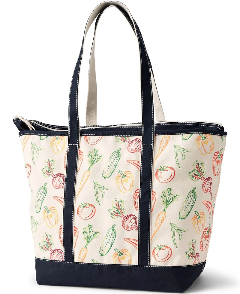 Lands' End Extra Large Print 5 Pocket Zip Top Long Handle Canvas Tote Bag