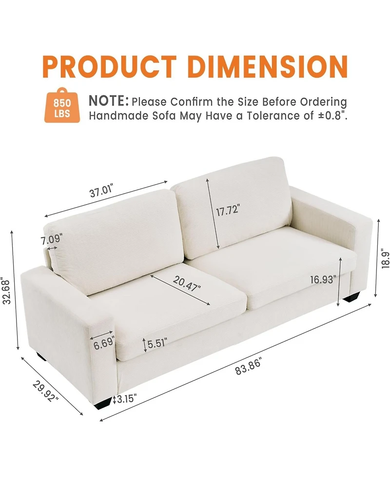 Gaomon 83" Comfy 3-Seater Corduroy Couches, Modern Upholstered Sofa with Wide Armrests, Cloud Couch with Deep Seat Sofa, Home Sofas for Living Ro