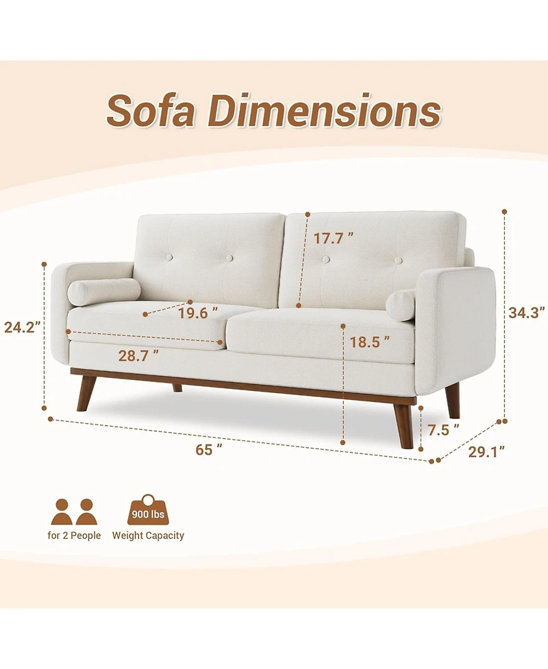 Gaomon 65" Mid Century Modern Loveseat Sofa, Linen Upholstered 2-Seater Couch, Deep Seat Love Seat for Living Room, Bedroom, Office, Small Space