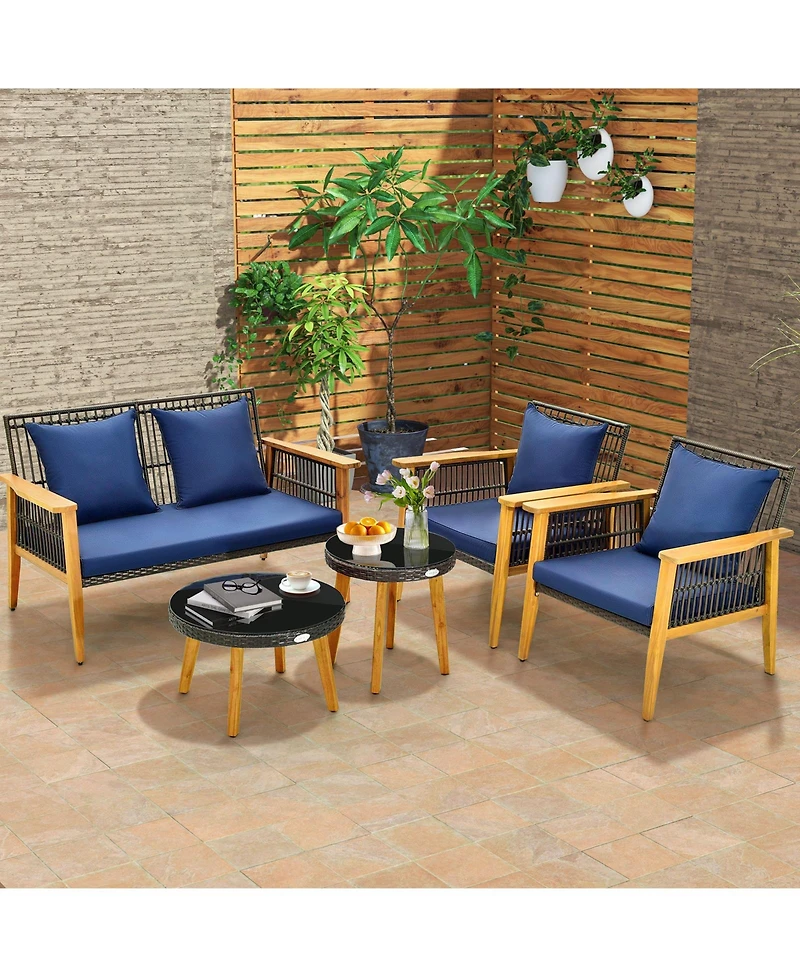 Gymax 5PCS Rattan Woven Conversation Set Stable Acacia Wood Frame for Backyard Patio
