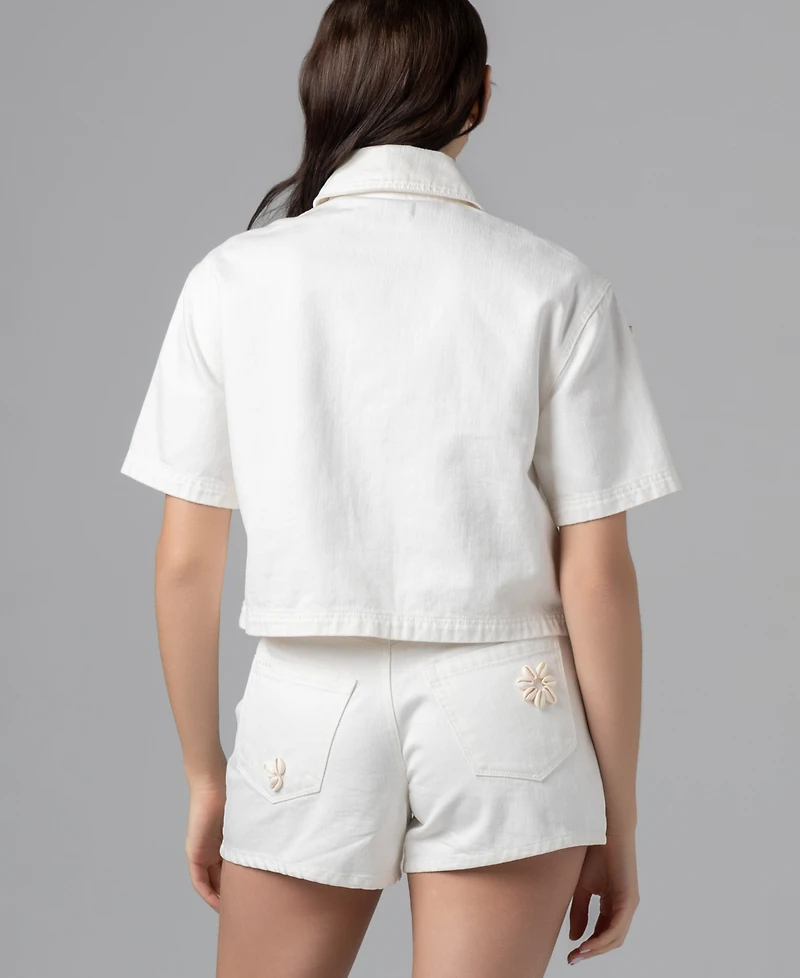 Blank Nyc Women's Sea Shell Applique Detail Collared Cropped Denim Shirt
