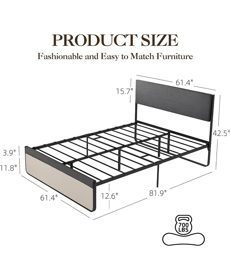 gaomon Full Platform Bed With Upholstered Headboard and Footboard Steel Slat Support Spacious Storage No Box Spring Needed