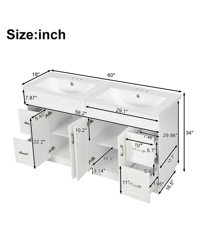 Sillysis 60" Double Sink Bathroom Vanity with Dual Smc Resin Basins, Soft Close Drawers & Adjustable Shelves for Large Bathrooms