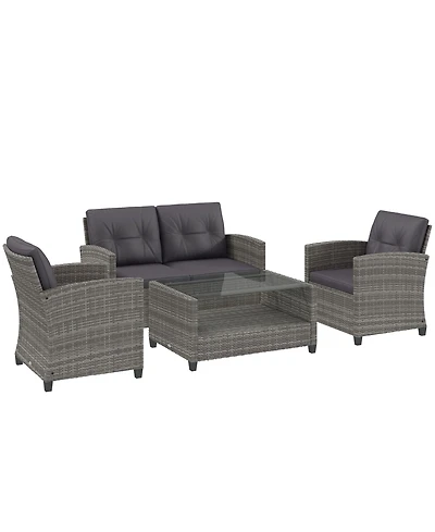 Outsunny 4 Piece Patio Furniture Set, Wicker Loveseat, Chairs & Table