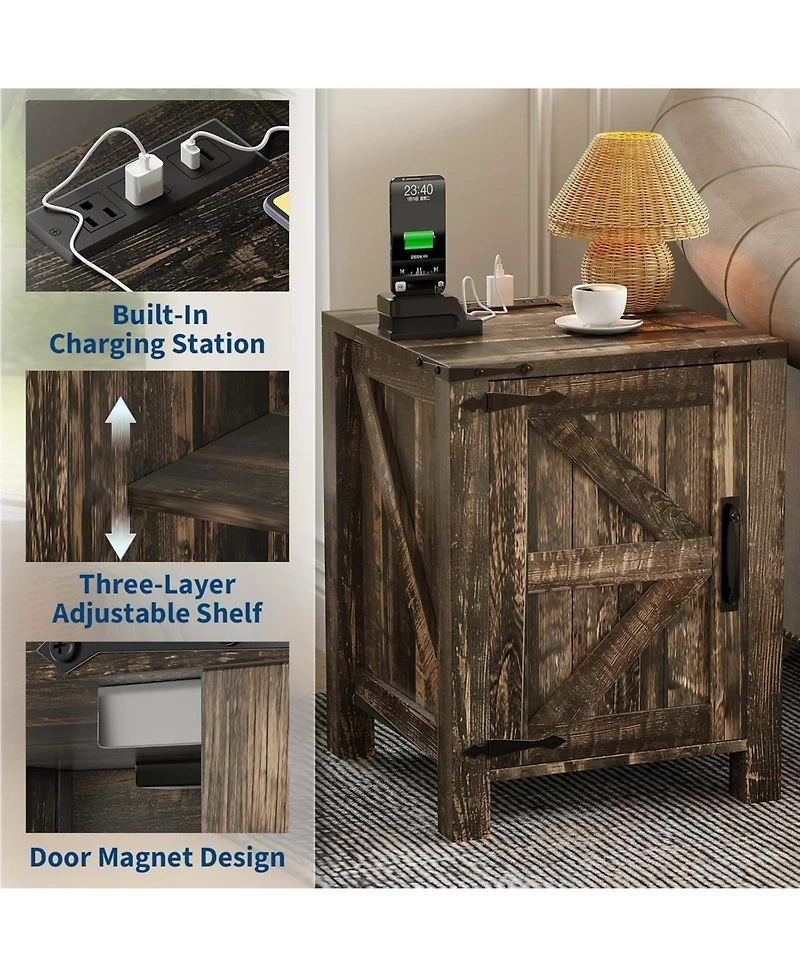 Gaomon Bedside Table with Usb Charging Station – 18" Rustic End Table with Sliding Barn Door, Adjustable Shelf, Two-Tier Storage –