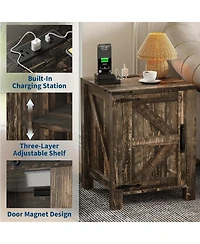 Gaomon Bedside Table with Usb Charging Station – 18" Rustic End Table with Sliding Barn Door, Adjustable Shelf, Two-Tier Storage –