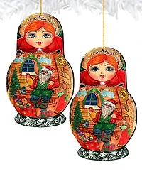 Designocracy Matreshka Doll Wooden Ornaments, Set of 2