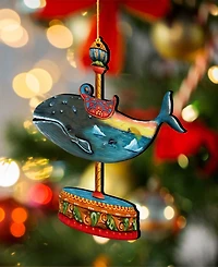 Designocracy Carousel Whale Christmas Wooden Ornament, Set of 2